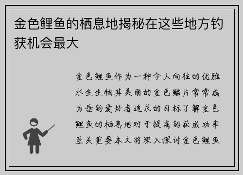 金色鲤鱼的栖息地揭秘在这些地方钓获机会最大